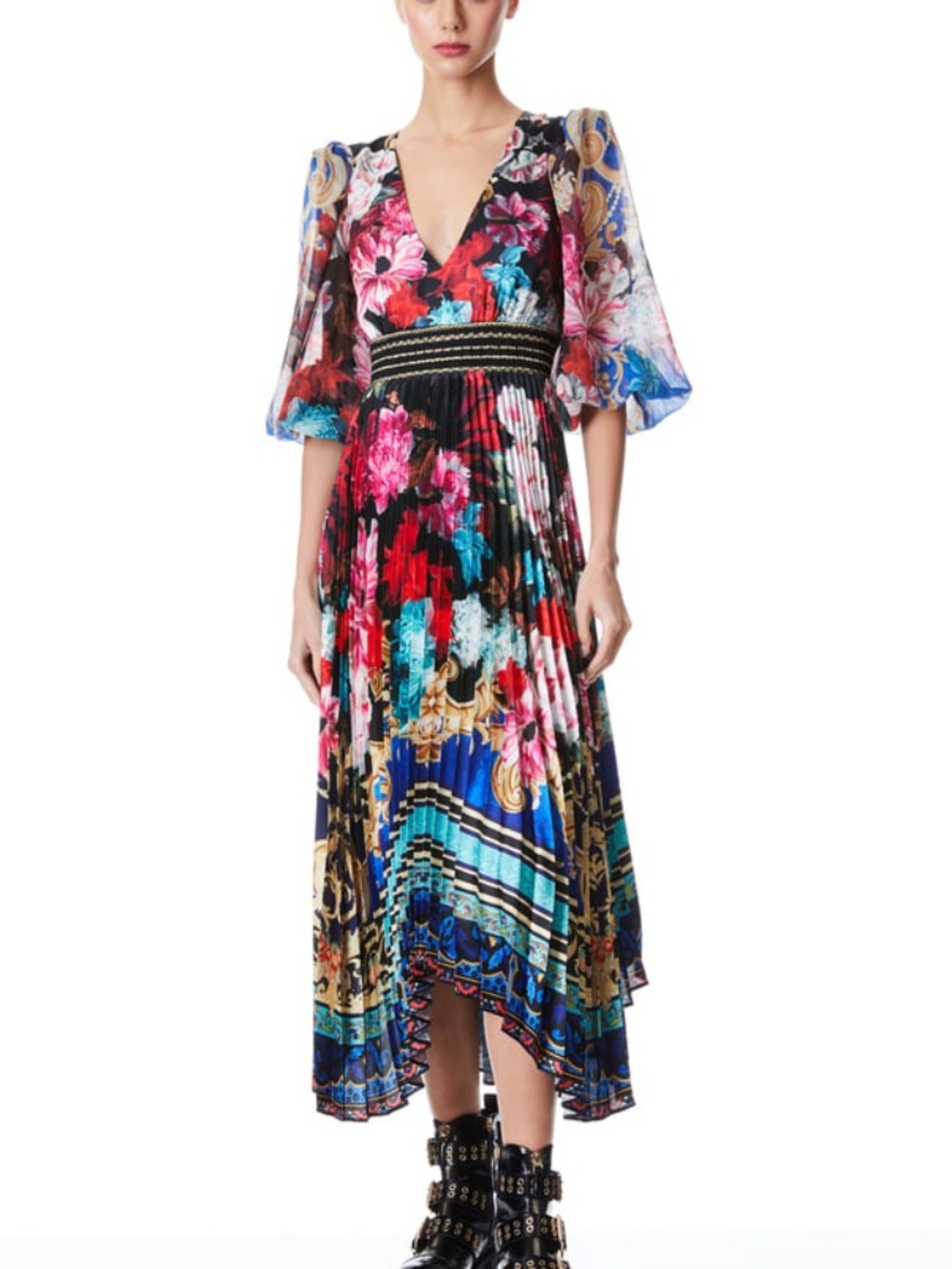 Alice + Olivia Ethel Long Sleeve Pleated Midi Dress Perfect Day Floral Print - 2